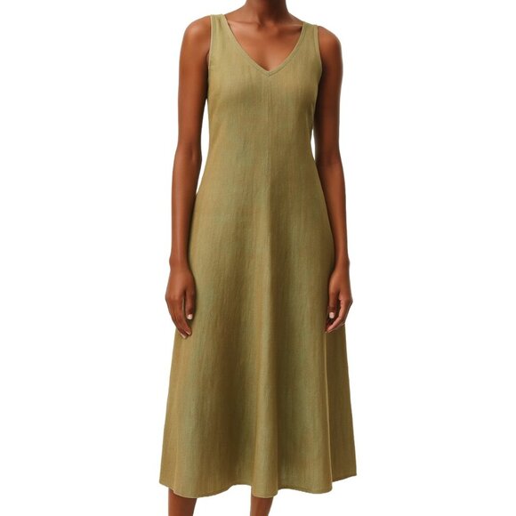 EILEEN FISHER Linen Blend Dress Midi Tank Sundress Pullover Khaki Lagenlook - Picture 1 of 11